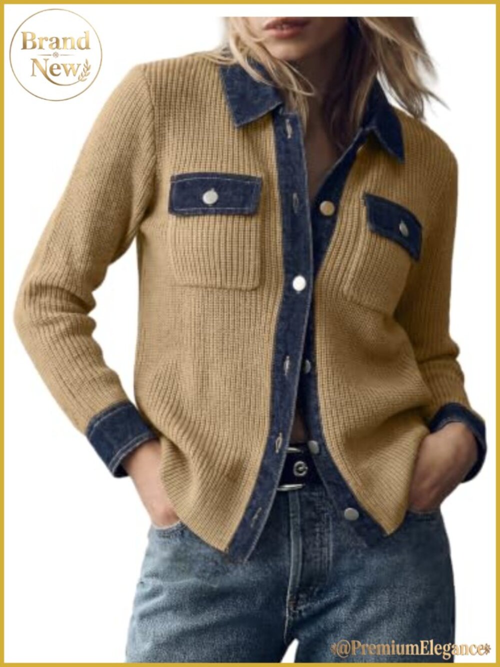 Waffle Knit Button Down Cardigan Sweater with Denim Trim